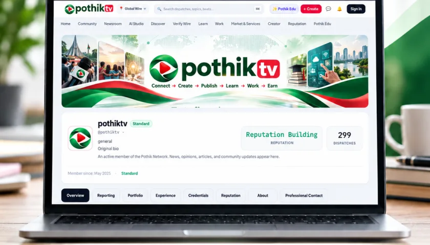 PothikTV profile showcased on laptop